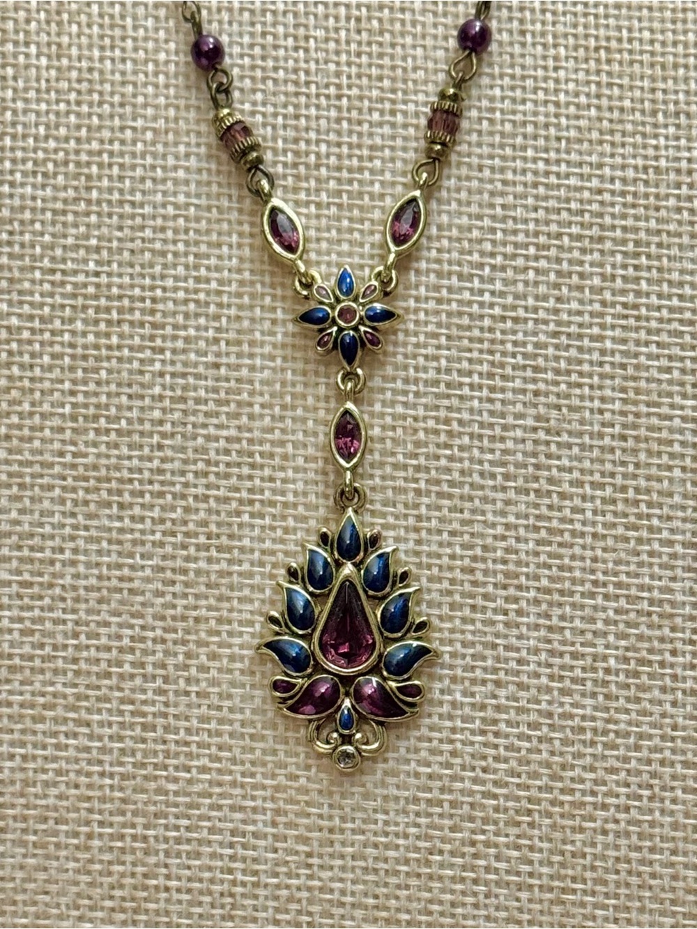 2028 by 1928 Vintage Purple Blue Rhinestone Drop Necklace Antiqued Gold Tone
